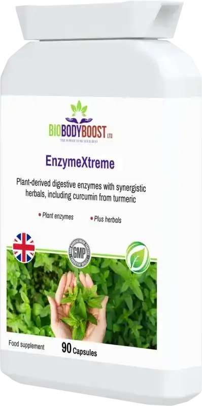 BioBodyBoost EnzymeXtreme – Plant Digestive Enzymes, 90 Capsules – angled front of bottle