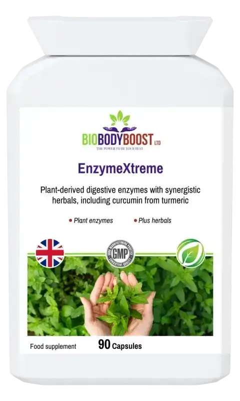 BioBodyBoost EnzymeXtreme – Plant Digestive Enzymes, 90 Capsules – front of 90-capsule bottle