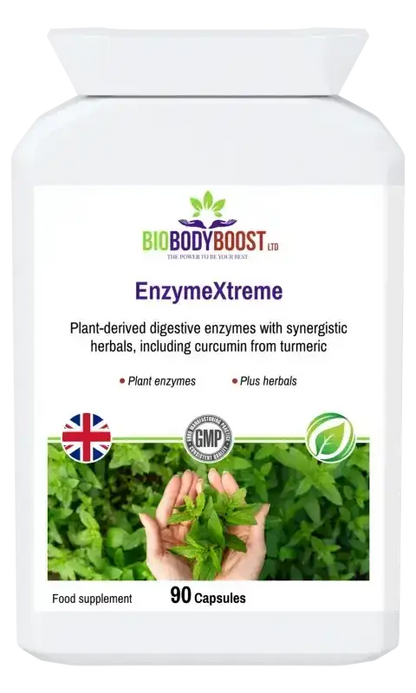 BioBodyBoost EnzymeXtreme – Plant Digestive Enzymes, 90 Capsules – front of 90-capsule bottle