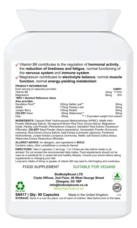BioBodyBoost Fluid Balance Botanical & Magnesium Blend – 90 Capsules – ingredients and directions label