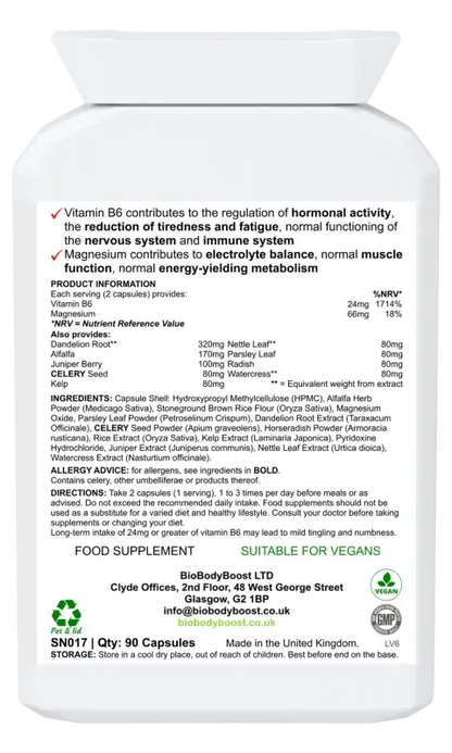 BioBodyBoost Fluid Balance Botanical & Magnesium Blend – 90 Capsules – ingredients and directions label