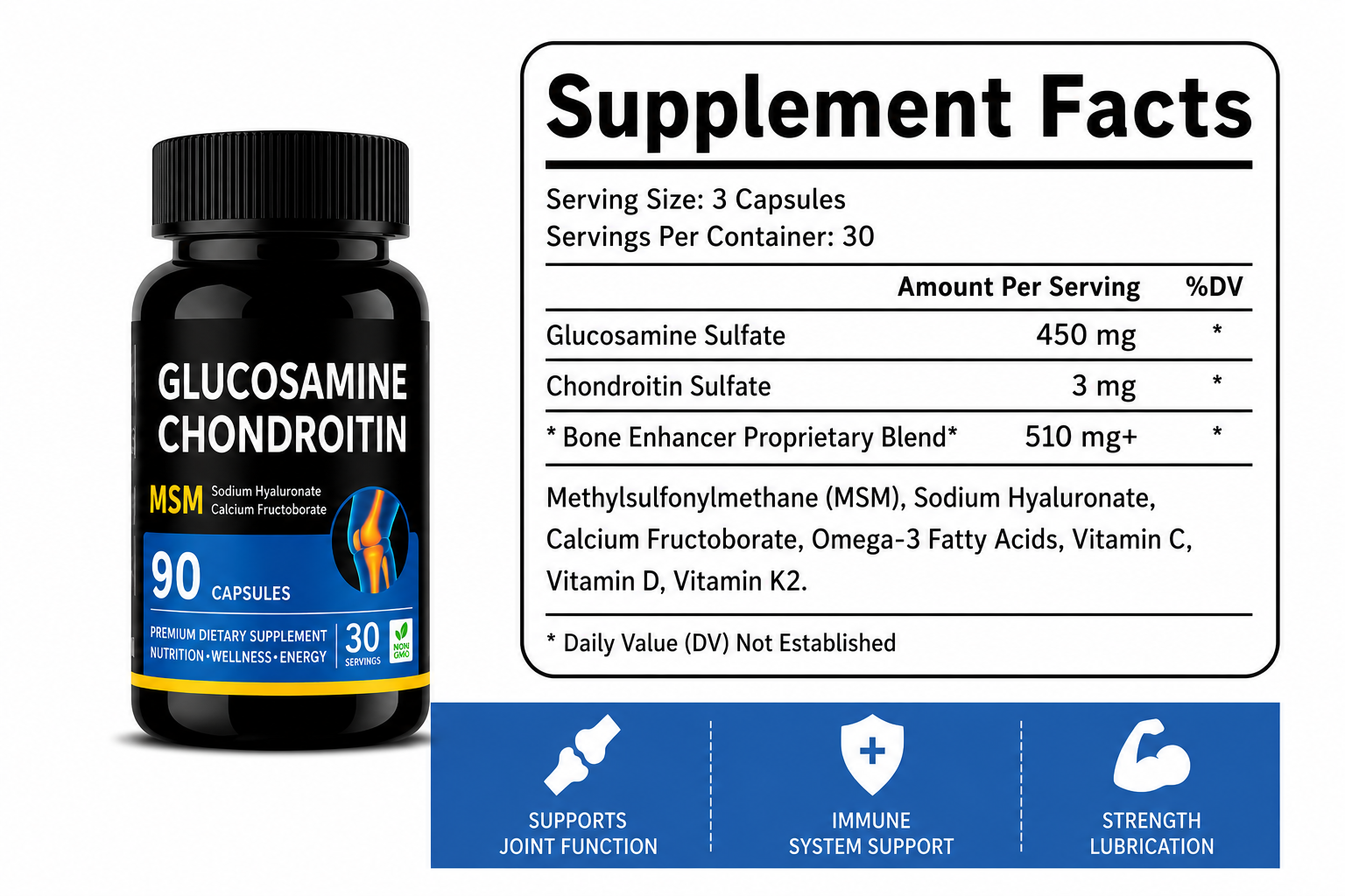 Glucosamine Chondroitin MSM supplement facts label showing joint support ingredients and nutritional information