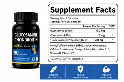 Glucosamine Chondroitin MSM supplement facts label showing joint support ingredients and nutritional information