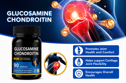 Glucosamine Chondroitin supplement bottle with joint health benefits illustration on a blue background