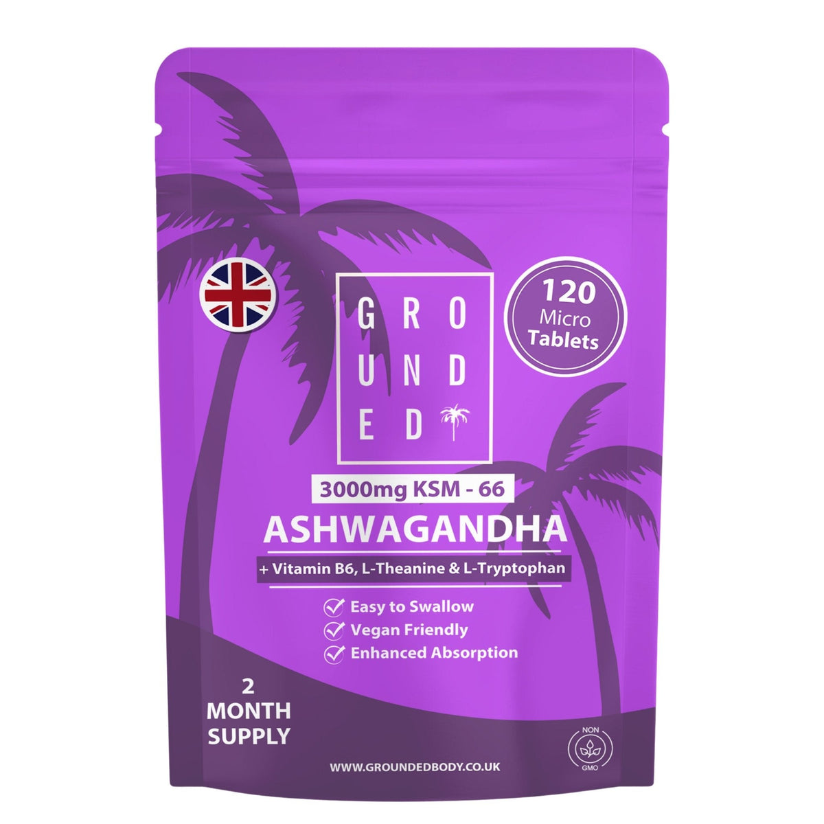 Grounded KSM-66 Ashwagandha 3000mg Equivalent – 120 Tablets – front of 120-tablet pouch
