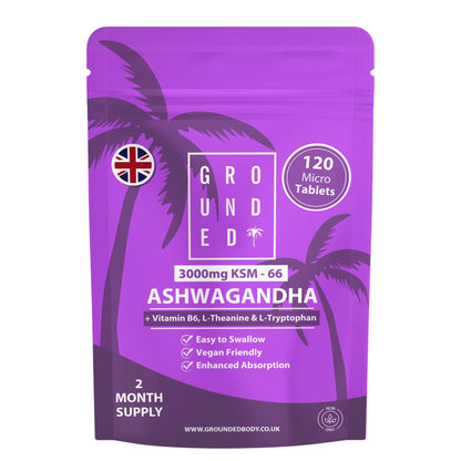 Grounded KSM-66 Ashwagandha 3000mg Equivalent – 120 Tablets – front of 120-tablet pouch