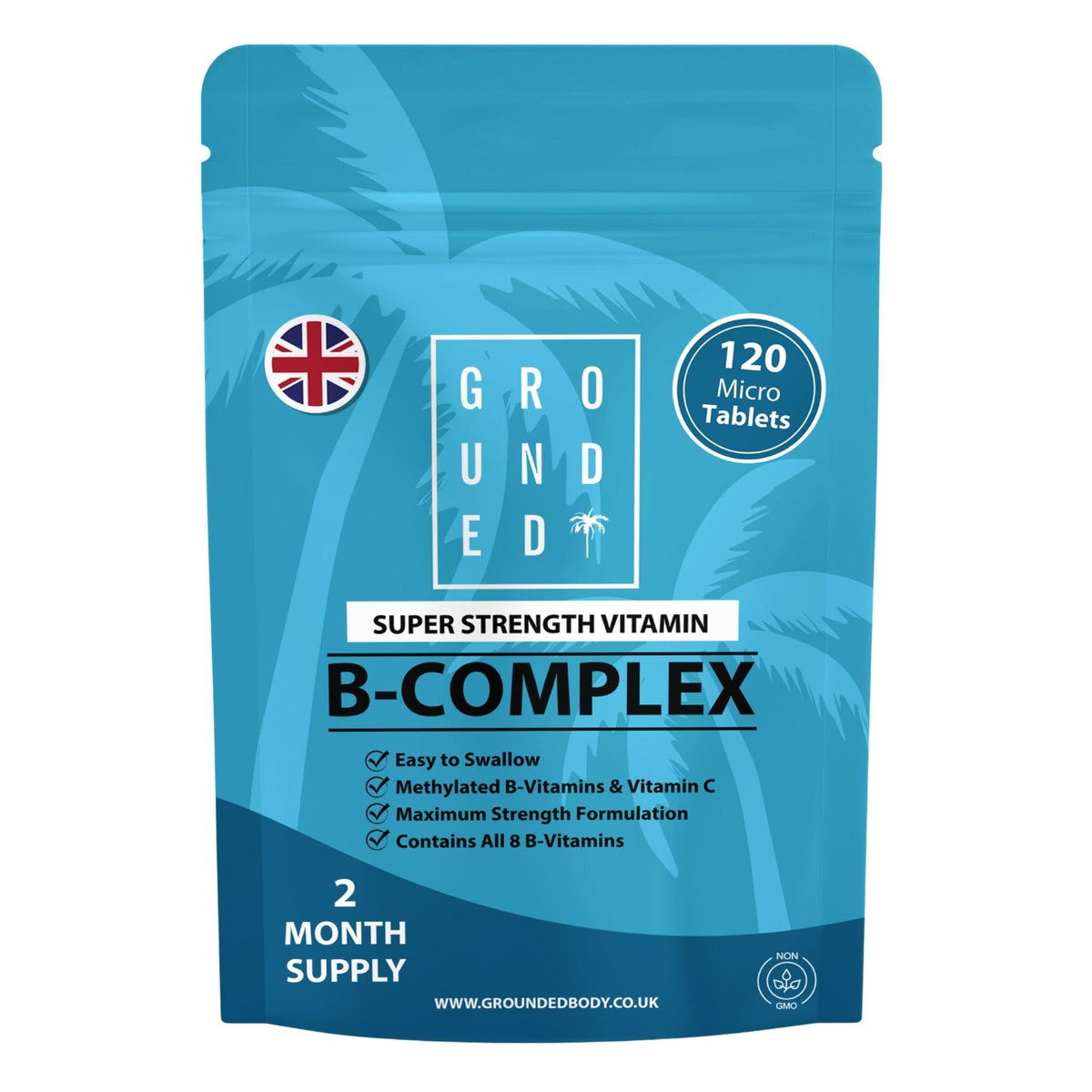 Grounded B Complex with Vitamin C – 120 Tablets – front of 120-tablet pouch