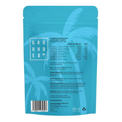 Grounded B Complex with Vitamin C – 120 Tablets – ingredients and nutrition on back of pouch