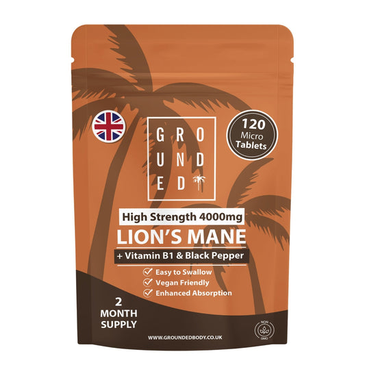 Grounded Lion’s Mane 4000mg Equivalent – 120 Tablets – front of 120-tablet pouch
