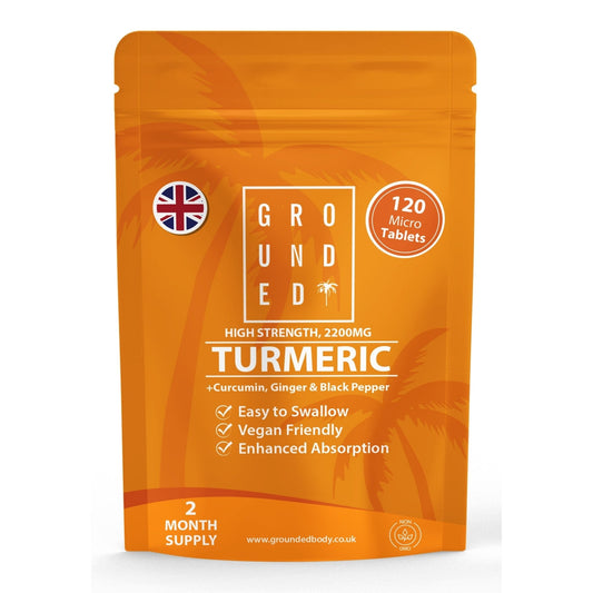 Grounded Turmeric, Ginger & Black Pepper – 120 Tablets – front of 120-tablet pouch