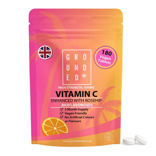 Grounded Vitamin C 500mg with Rosehip – 180 Tablets – front of 180-tablet pouch