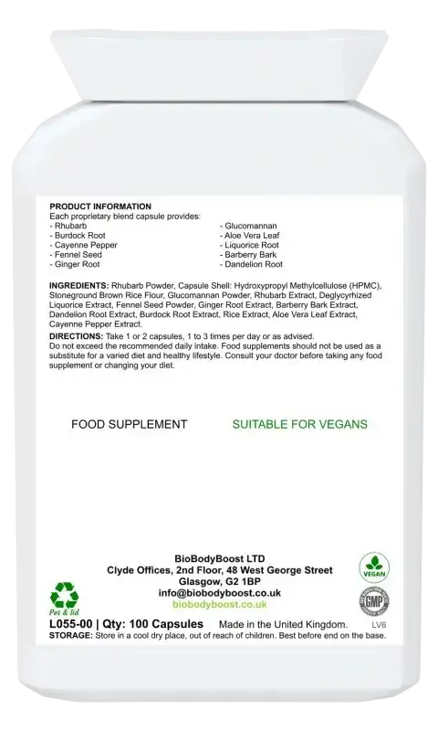 BioBodyBoost Herbal Colonix Botanical & Fibre Blend – 100 Capsules – ingredients and directions label