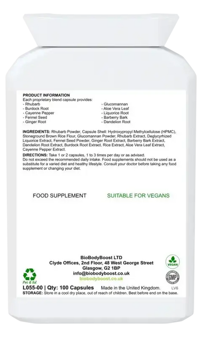 BioBodyBoost Herbal Colonix Botanical & Fibre Blend – 100 Capsules – ingredients and directions label
