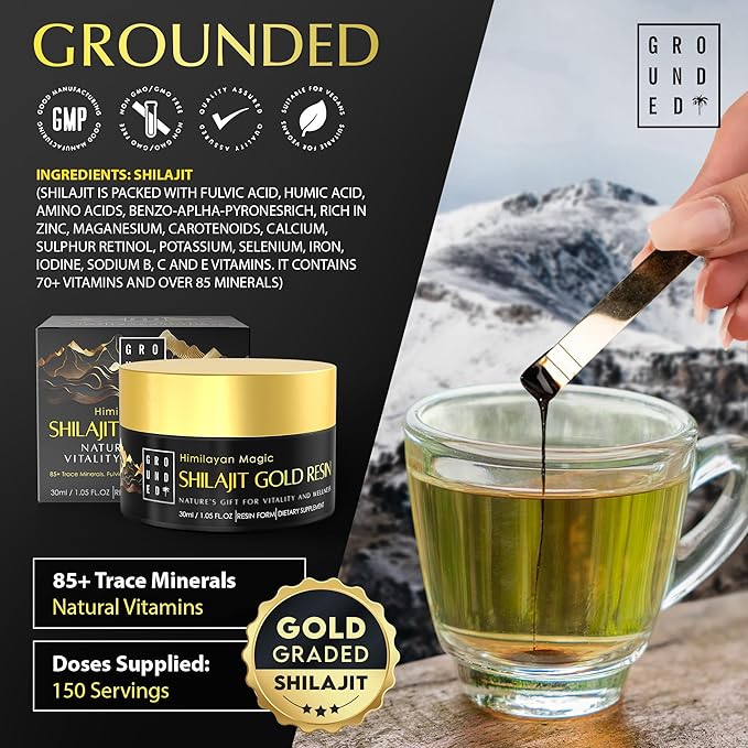 Grounded Himalayan Magic Shilajit Gold Resin – 30ml – resin being added to a drink