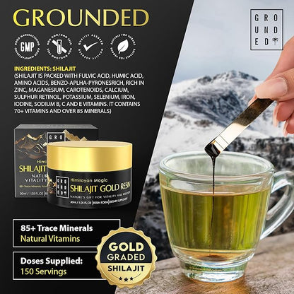 Grounded Himalayan Magic Shilajit Gold Resin – 30ml – resin being added to a drink