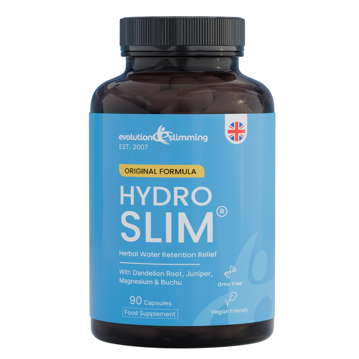 A bottle of Evolution & Slimming Hydro Slim dietary supplement, featuring a dark amber bottle with a black cap and a light blue label.