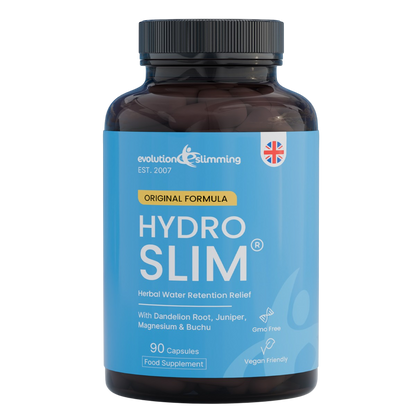 A bottle of Evolution & Slimming Hydro Slim dietary supplement, featuring a dark amber bottle with a black cap and a light blue label.