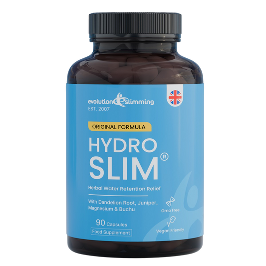 A bottle of Evolution & Slimming Hydro Slim dietary supplement, featuring a dark amber bottle with a black cap and a light blue label.