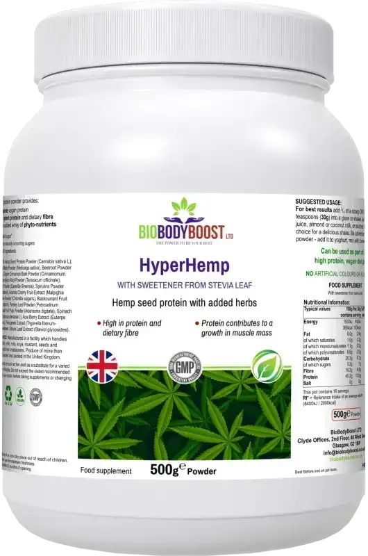 BioBodyBoost HyperHemp Hemp Protein & Botanical Blend – 500g – product packaging, view 1