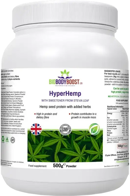 BioBodyBoost HyperHemp Hemp Protein & Botanical Blend – 500g – product packaging, view 1