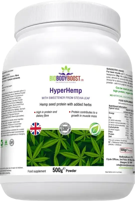 BioBodyBoost HyperHemp Hemp Protein & Botanical Blend – 500g – product packaging, view 4