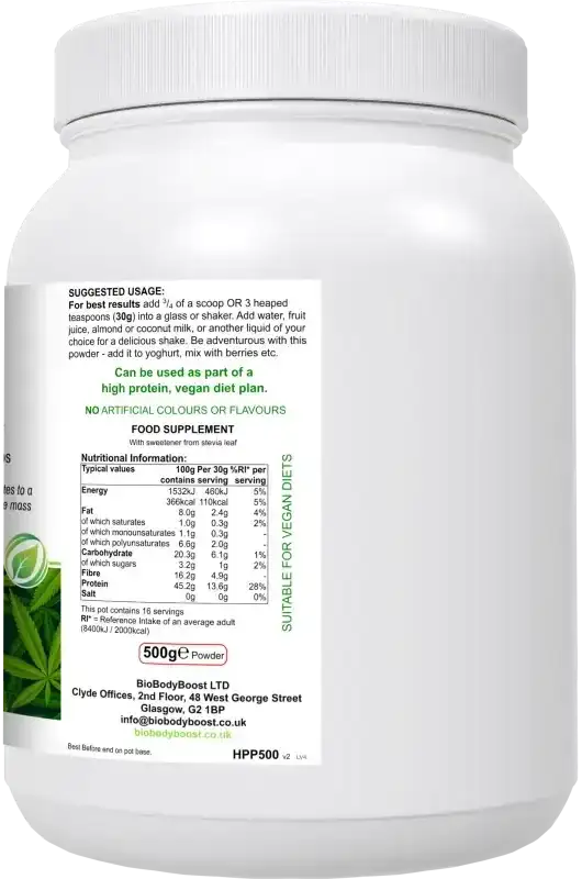 BioBodyBoost HyperHemp Hemp Protein & Botanical Blend – 500g – ingredients and directions label