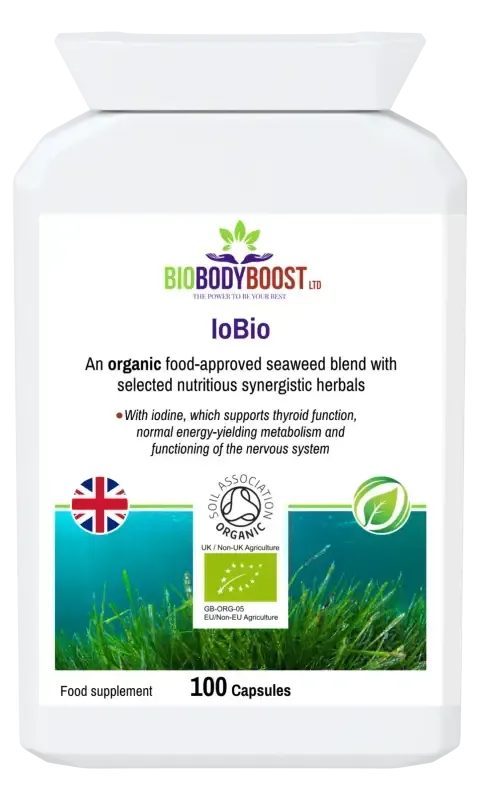 BioBodyBoost IoBio Organic Seaweed & Iodine Blend – 100 Capsules – product packaging, view 1
