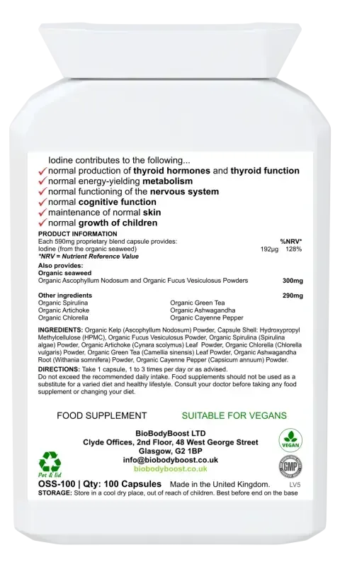 BioBodyBoost IoBio Organic Seaweed & Iodine Blend – 100 Capsules – ingredients and directions label