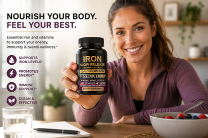 Woman using iron supplement for daily energy and wellness support