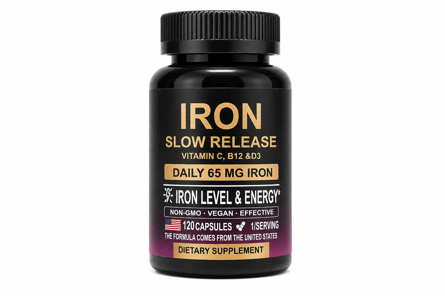 Iron Slow Release 65mg supplement bottle with Vitamin C, B12 and D3 on white background