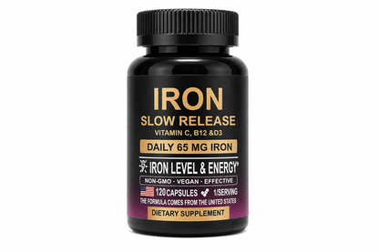 Iron Slow Release 65mg supplement bottle with Vitamin C, B12 and D3 on white background