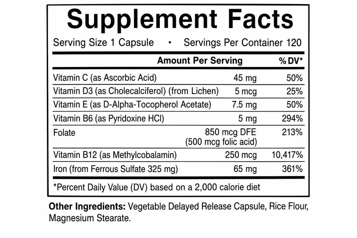 Supplement facts label showing iron, Vitamin C, B12 and folate nutritional information