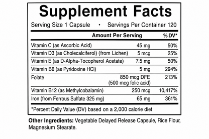 Supplement facts label showing iron, Vitamin C, B12 and folate nutritional information