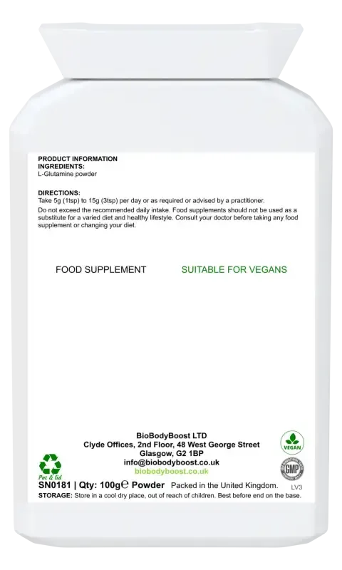 BioBodyBoost L-Glutamine Boost Unflavoured Powder – 100g – ingredients and directions label