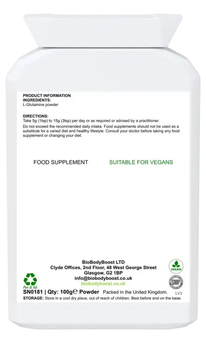 BioBodyBoost L-Glutamine Boost Unflavoured Powder – 100g – ingredients and directions label