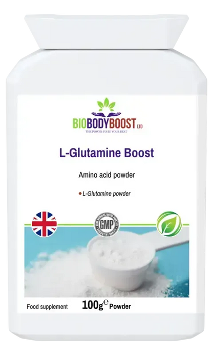 BioBodyBoost L-Glutamine Boost Unflavoured Powder – 100g – product packaging, view 1