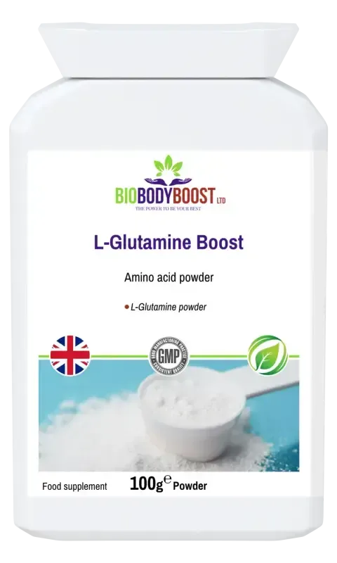 BioBodyBoost L-Glutamine Boost Unflavoured Powder – 100g – product packaging, view 1
