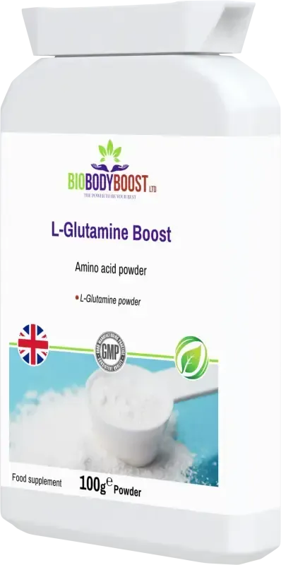 BioBodyBoost L-Glutamine Boost Unflavoured Powder – 100g – product packaging, view 3