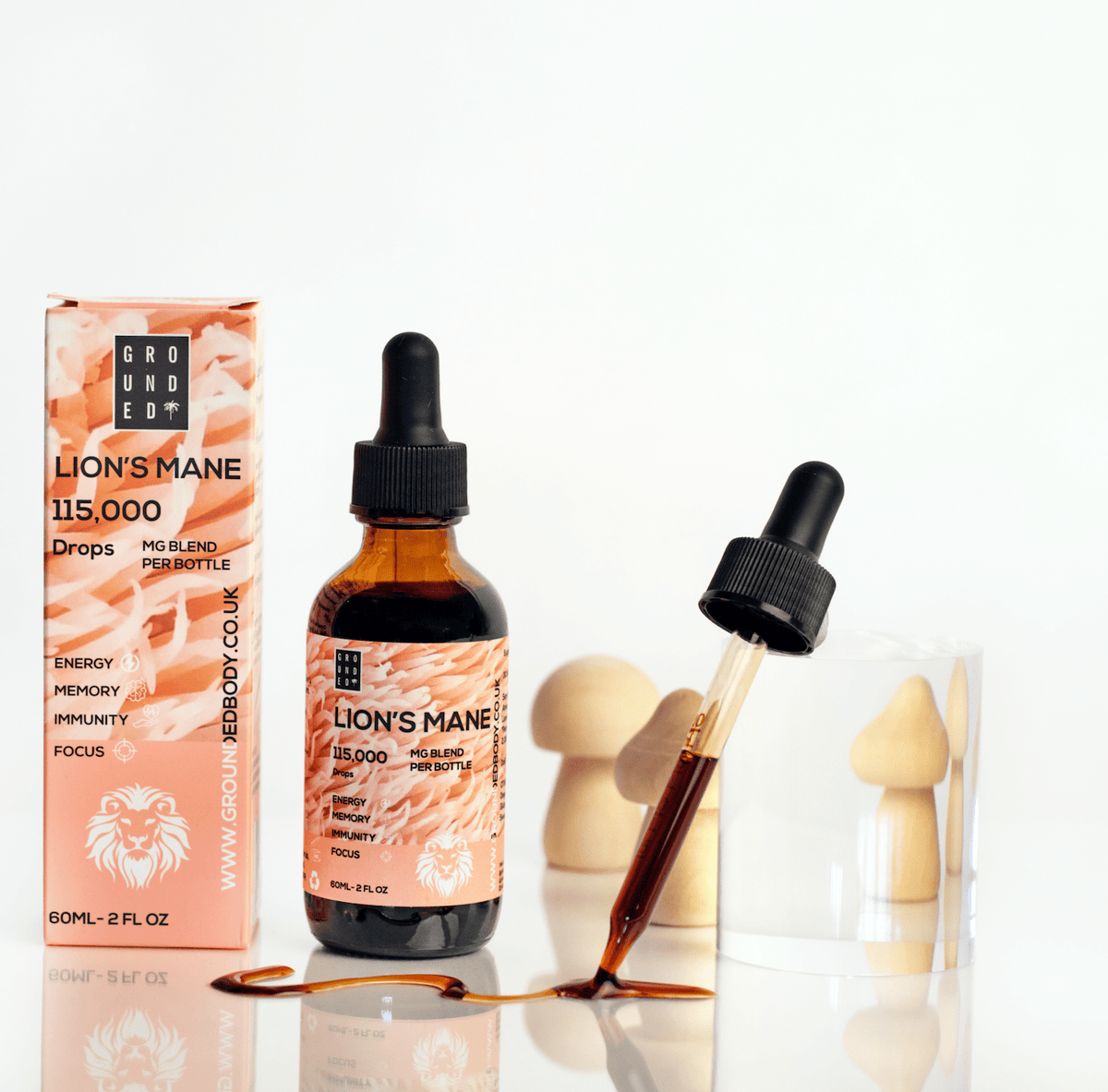Grounded Lion’s Mane Mushroom Drops – 60ml – bottle, carton and dropper
