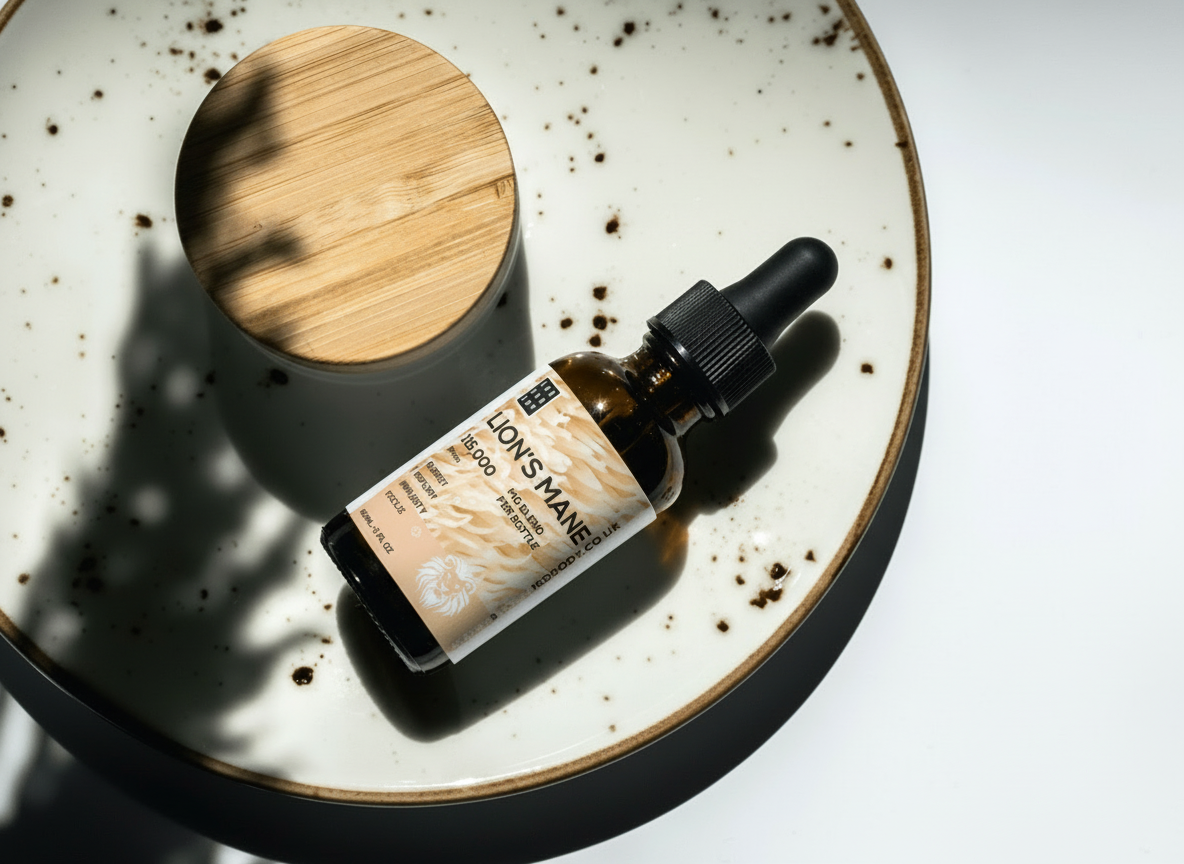 Grounded Lion’s Mane Mushroom Drops – 60ml – bottle beside mushrooms