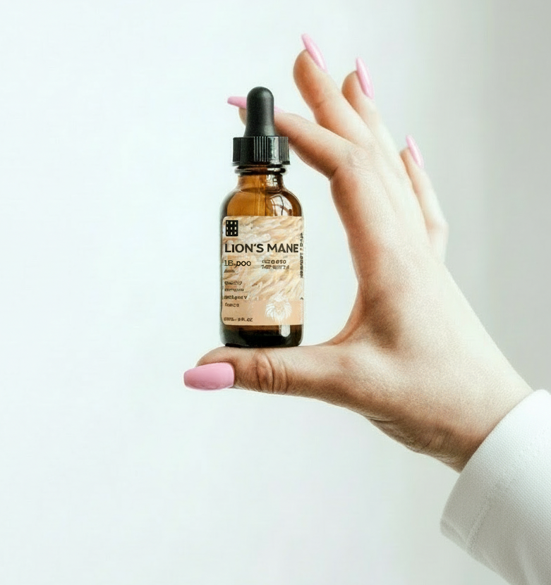 Grounded Lion’s Mane Mushroom Drops – 60ml – dropper bottle in hand