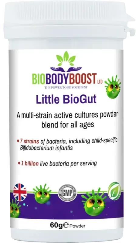BioBodyBoost Little BioGut Kids Live Culture Powder – 60g – product packaging, view 1