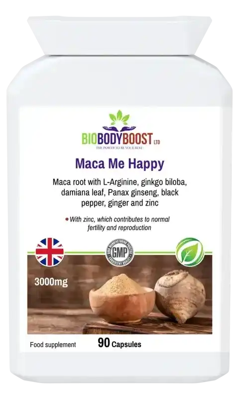 BioBodyBoost Maca Me Happy Maca Root & Zinc – 90 Capsules – product packaging, view 1