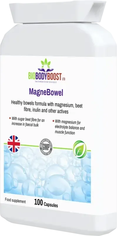 BioBodyBoost MagneBowel Magnesium & Fibre Formula – 100 Capsules – product packaging, view 3