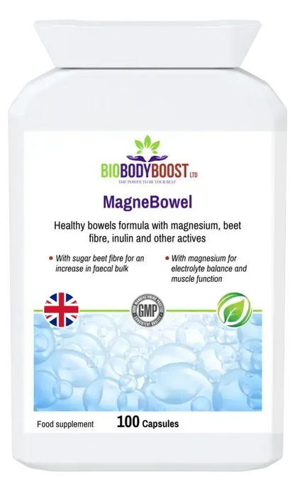BioBodyBoost MagneBowel Magnesium & Fibre Formula – 100 Capsules – product packaging, view 1
