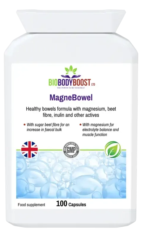 BioBodyBoost MagneBowel Magnesium & Fibre Formula – 100 Capsules – product packaging, view 1