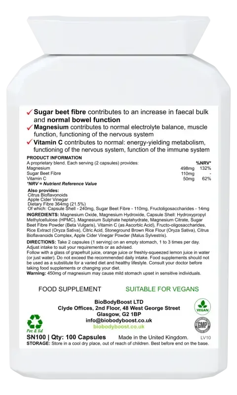 BioBodyBoost MagneBowel Magnesium & Fibre Formula – 100 Capsules – ingredients and directions label