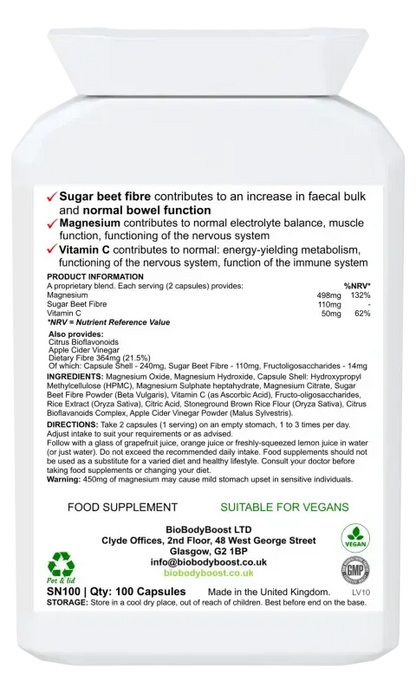 BioBodyBoost MagneBowel Magnesium & Fibre Formula – 100 Capsules – ingredients and directions label