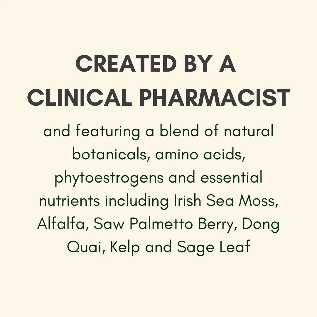 MENO Blend ingredient graphic listing sea moss, alfalfa, saw palmetto, dong quai, kelp and sage