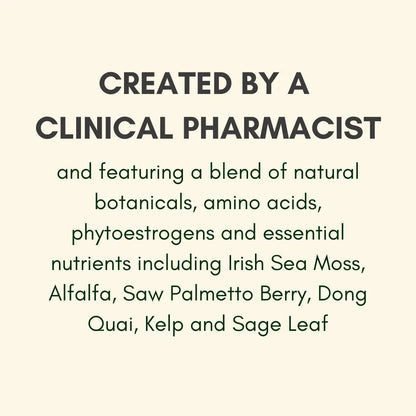 MENO Blend ingredient graphic listing sea moss, alfalfa, saw palmetto, dong quai, kelp and sage